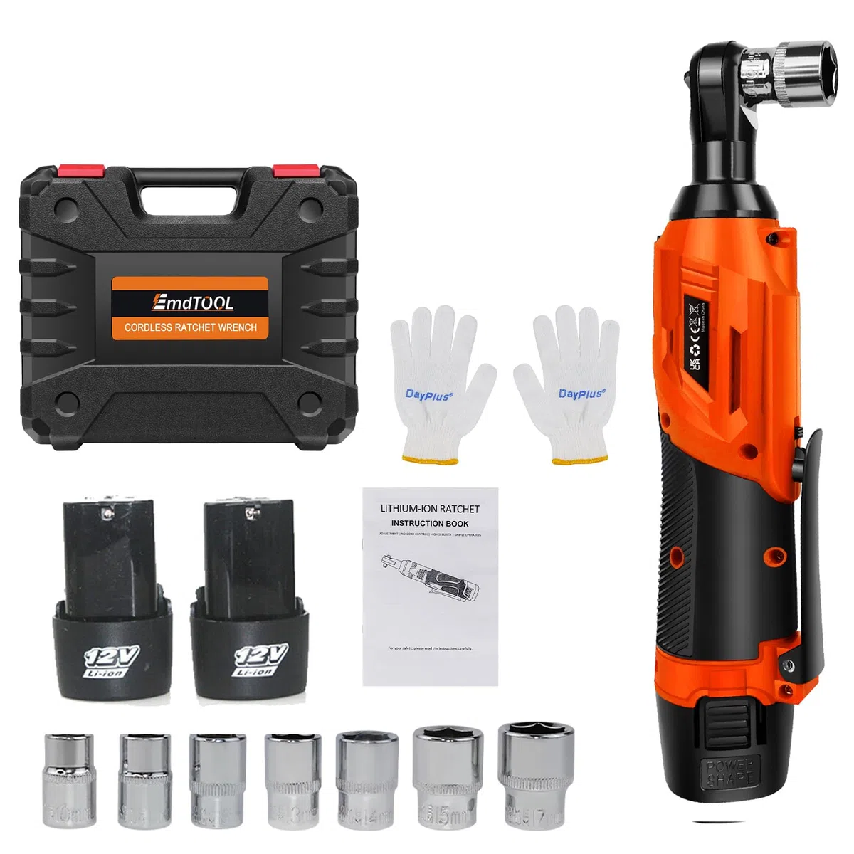 DayPlus Clé à cliquet sans fil 12V avec batterie, 2 batteries Li-ion de 1,5Ah et chargeur rapide, 2300 tr/min, 40 Nm, clé à cliquet électrique avec 7 douilles, orange