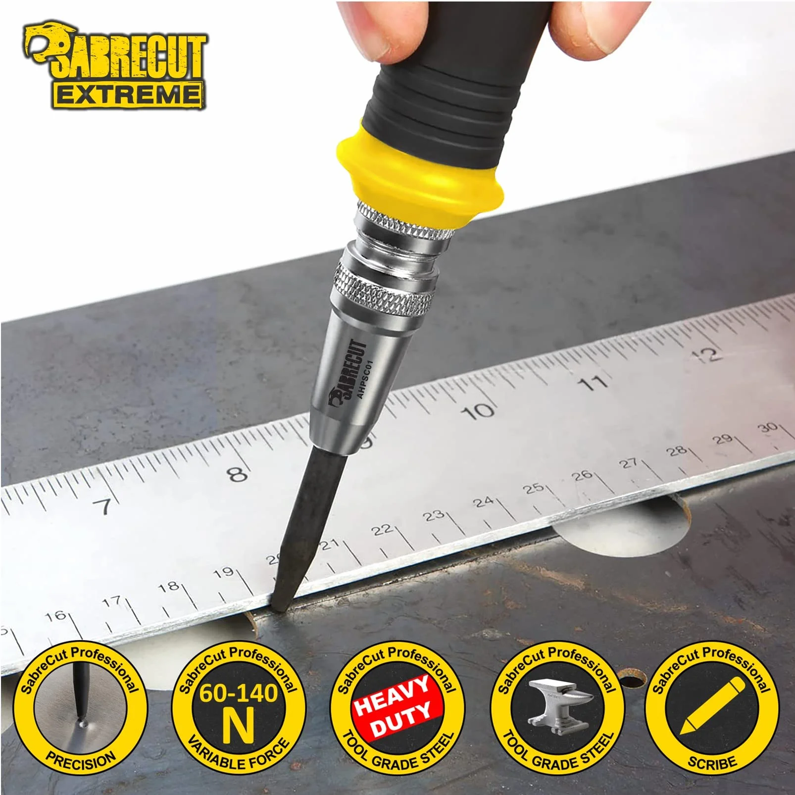 1 pièce SabreCut AHPSC01 Perforatrice centrale à ressort automatique robuste avec force de frappe réglable 60-140 Newtons Convient au métal au bois au plastique et à de nombreux autres matériaux