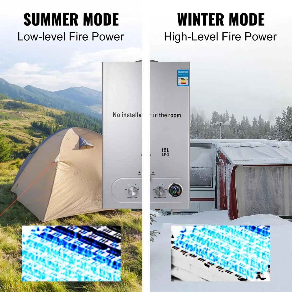 Chauffe-Eau à Gaz 6/8L GPL LPG avec Modes Hiver et Été, Avec pommeau de douche à effet pluie et tuyau de douche,Chauffe-Eau Instantané INOX Certifié CE,Pour camping en plein air et douche en VR (6L)