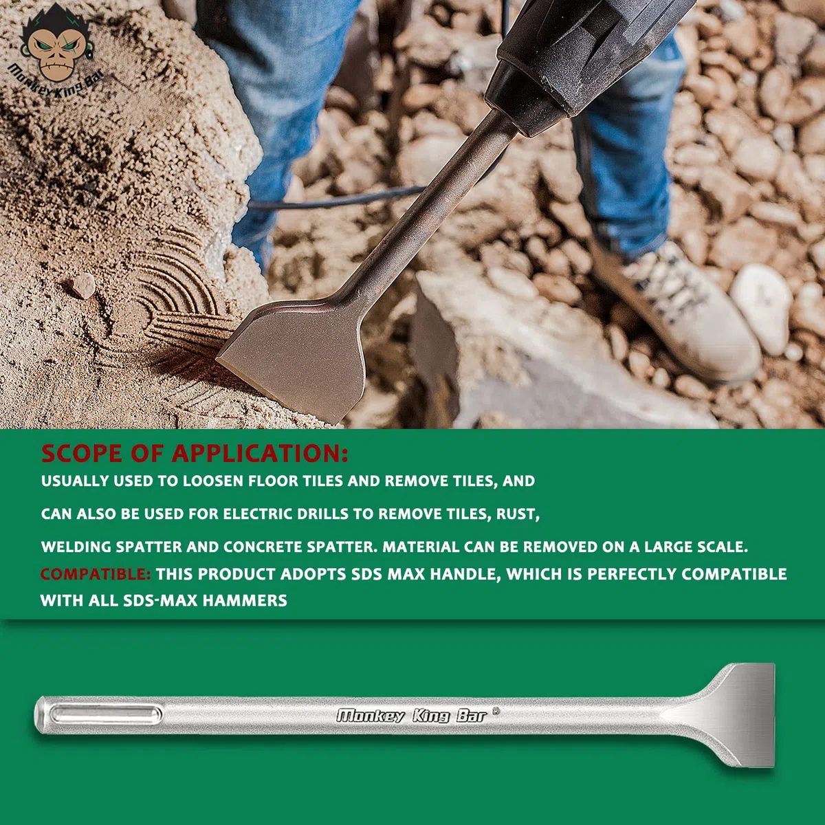 Monkey King Bar SDS MAX Set de burins, 3 pièces : burin pointu (400 mm) burin gradué (400 mm x 50 mm) burin plat (400 mm x 25 mm) Compatible avec les burins universels, marteau perforateur