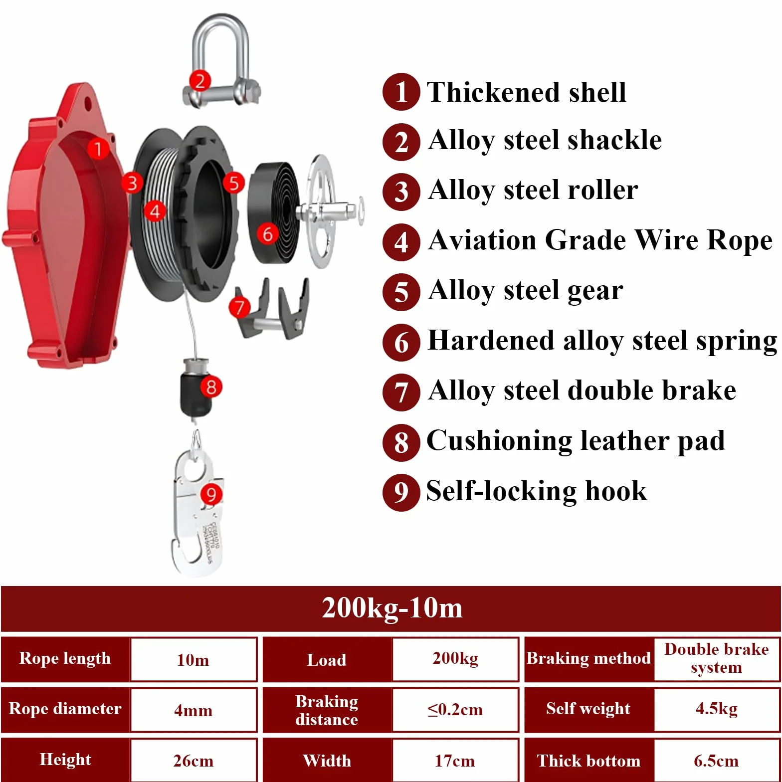 Dispositif Antichute a Rappel Automatique, 200 KG Harnais de Securite Antichute Automatique 10 Mètres, Protection Antichute Rétractable Travaux en Hauteur/Toiture(Rouge - 1 Pièce,10m)