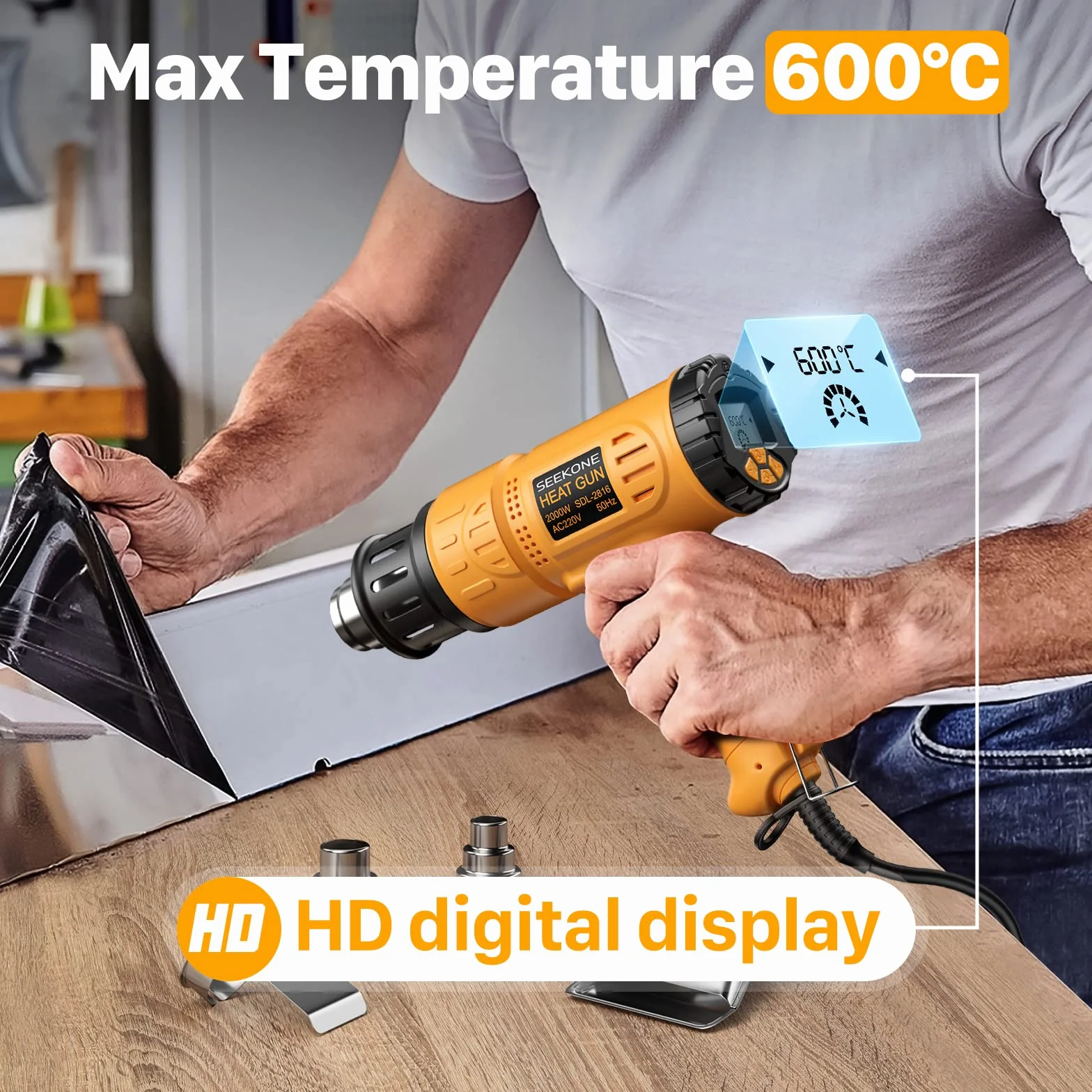 SEEKONE Décapeur Thermique Professionnel 2000W 50℃ - 600℃ avec Grand Écran LCD Numérique Kit de Pistolet à Air Chaud Contrôle de Température Variable, Mémoire de Mise sous Tension, Conversion ℃ - ℉