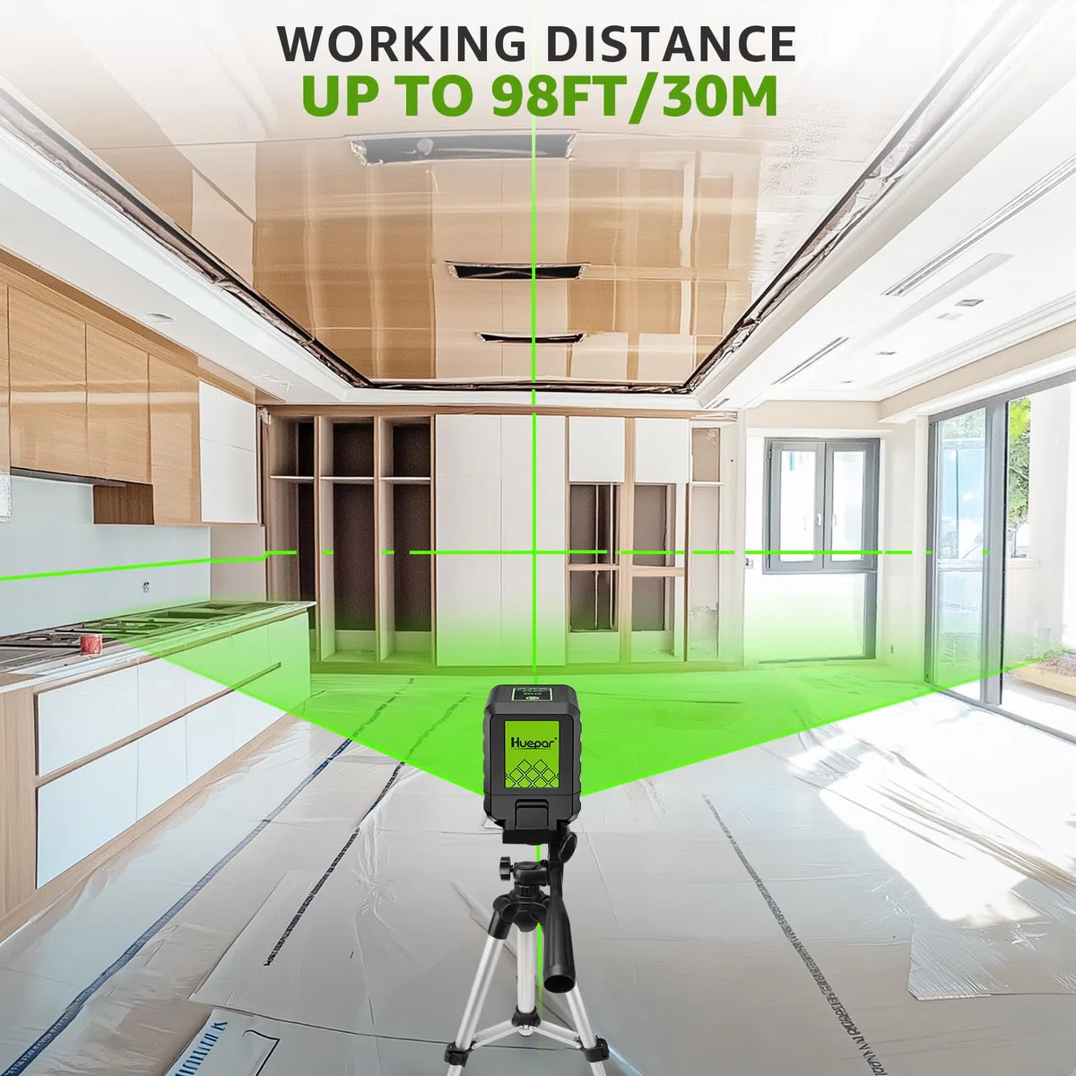 [Version supérieure]Niveau Laser, Ensemble de trépied de niveau laser, Huepar B011G-TP 30m Outil de niveau laser autonivelant DIY, niveau laser verte pour accrocher des tableaux,Cadeau pour Papa