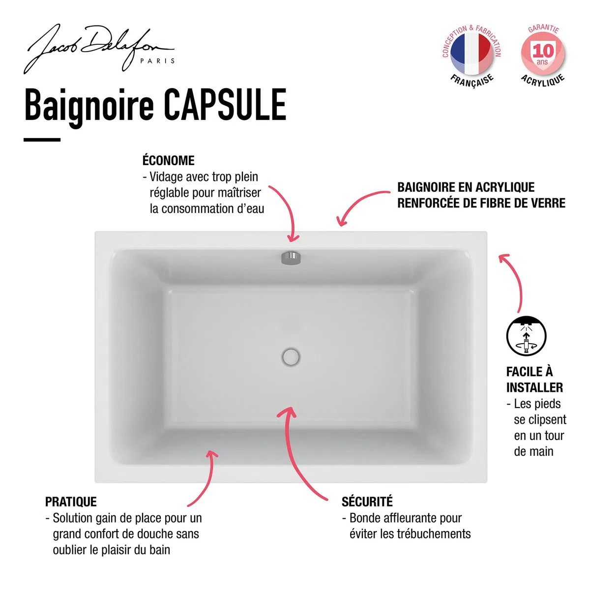 Jacob Delafon - Baignoire Bain-Douche CAPSULE, Vidage et Pieds - 120 x 80 cm - Gain de Place - Matériaux recyclés - Réparable - Surface Antibactérienne - Fabrication Française - Blanc - E6D223-00