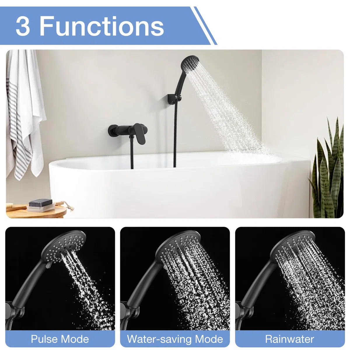 Mitigeur Monocommande Douche Noir avec Douchette, Robinet Douche Mural avec Douchette 3 Jets et Flexible 1.5m