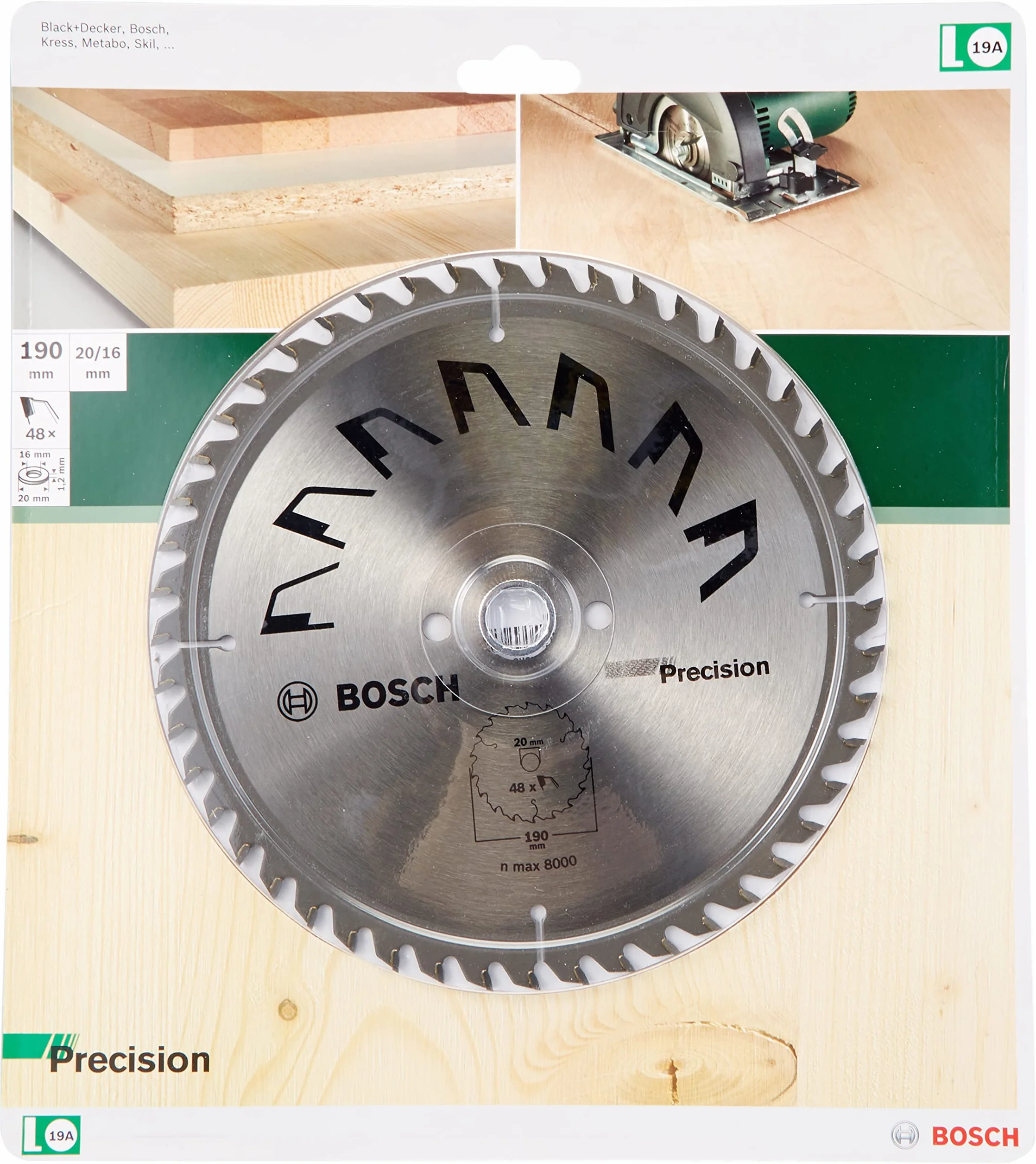Bosch 1x Lame de Scie Circulaire Precison (pour Bois, Ø 190 x 2.5/1.5 x 20/16 mm, 48 Dents, ATB, avec 1x Bague de Réduction 16 mm, Accessoire Scie Circulaire)