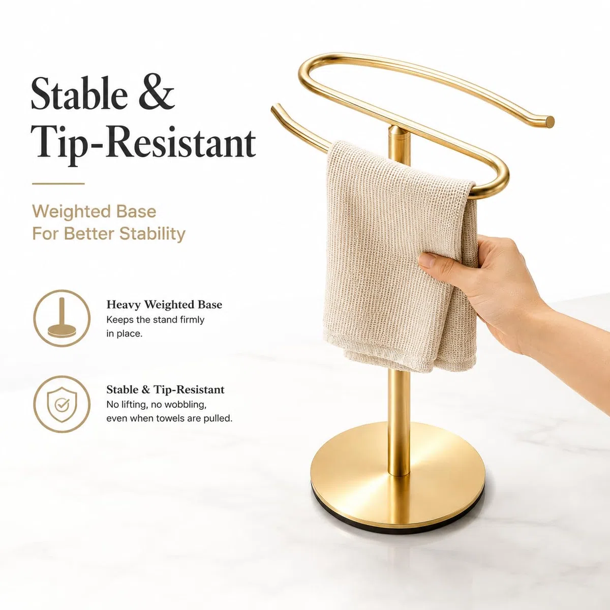 Porte-Serviettes doré sur Pied, en Acier Inoxydable SUS304, Barre Tour pour Salle de Bain, Cuisine, Meuble-lavabo comptoir