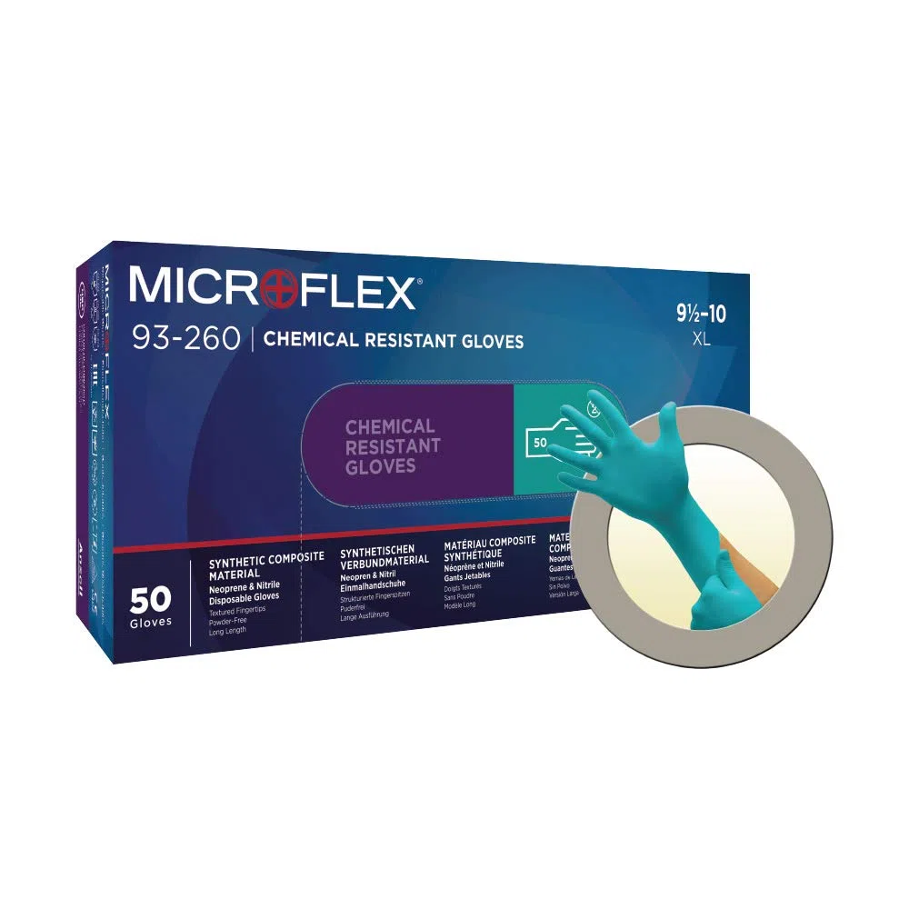 Ansell Microflex 93-260 Gants Jetables Protection Chimique, Protection Acides, Liquides et Solvants, Formulation Brevetée Ultra Résistante, Manchette Longue, Vert (50 Gants)