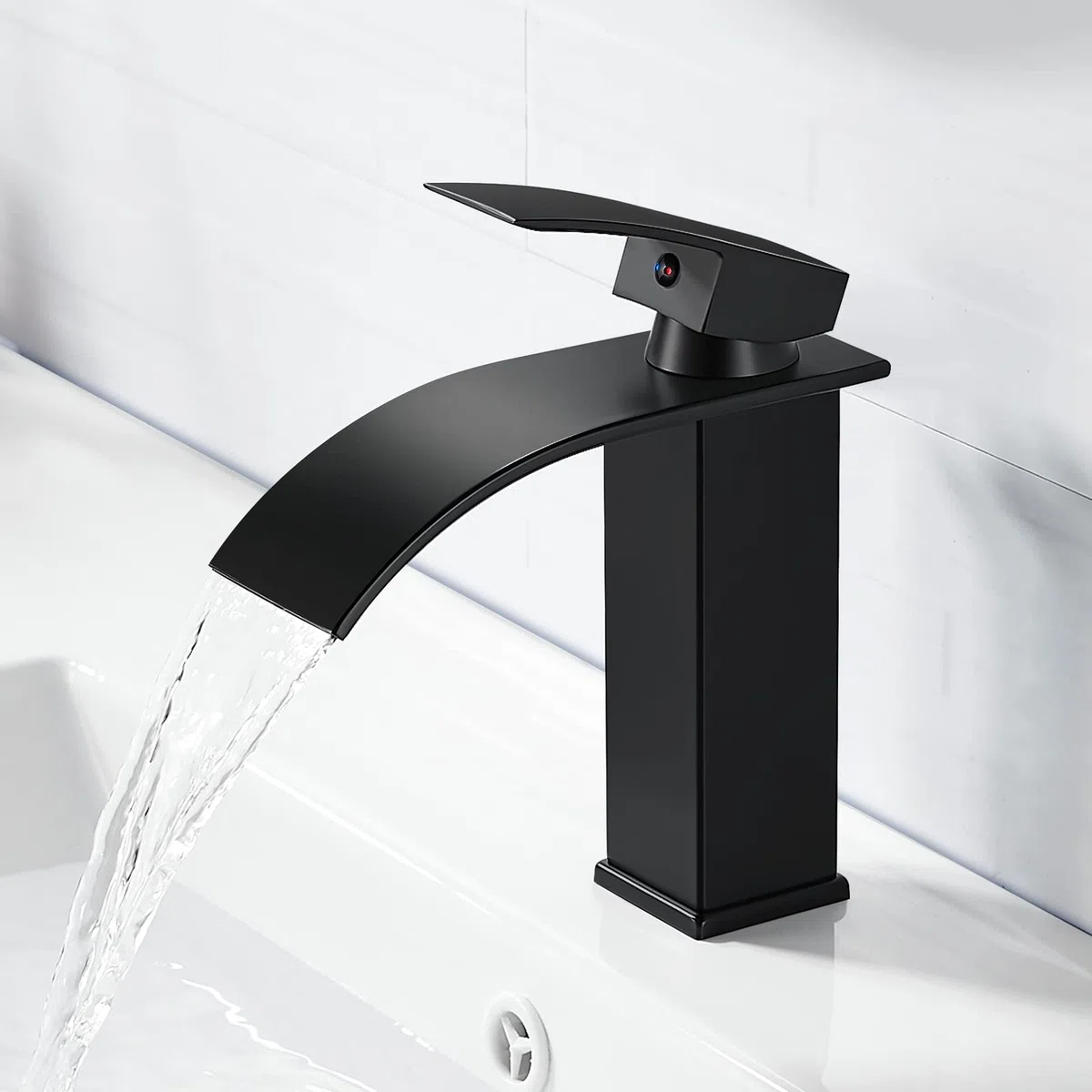 Moderne Robinet Lavabo Noir Cascade, Mitigeur Lavabo Salle de Bain en Laiton Design Elégant, Robinet Salle de Bain Noir avec Bec Hauteur 115mm, Robinetterie Cascade G 3/8