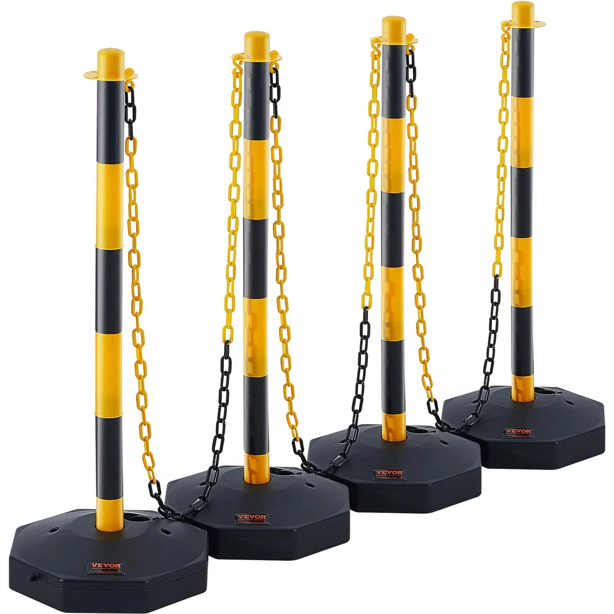 VEVOR Poteau de Signalisation 4PCs Poteau de Délimitation sur Socle Remplissable Hauteur Réglable Cône de Signalisation Longue Chaine 2,4 m pour Contrôle de Circulation Chantier Parking Jaune et Noir