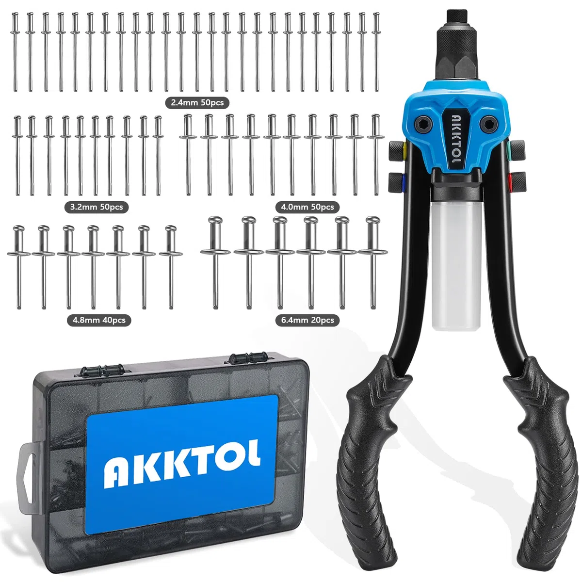 AKKTOL Pince a riveter pop 33cm ensemble 5en1 avec 210 rivets alu pour rivets aveugles Ø 6.4 à 2.4 mm en acier inoxydable alu | Riveteuse manuelle professionnelle