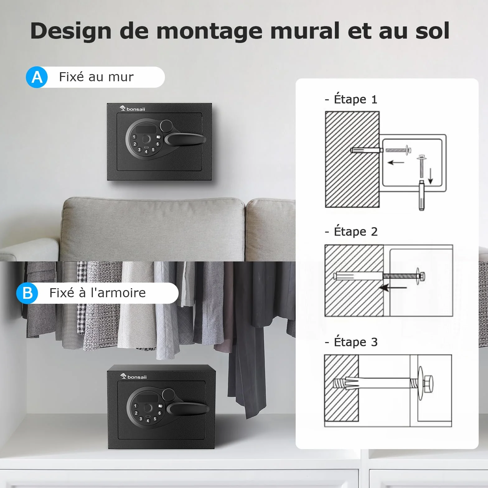 Bonsaii Coffre-fort Mini 6.6L avec Affichage LED, Clavier Numérique et Clé – Coffre de Sécurité Compact en Acier avec USB de Secours pour Bureau, Maison et Hôtel