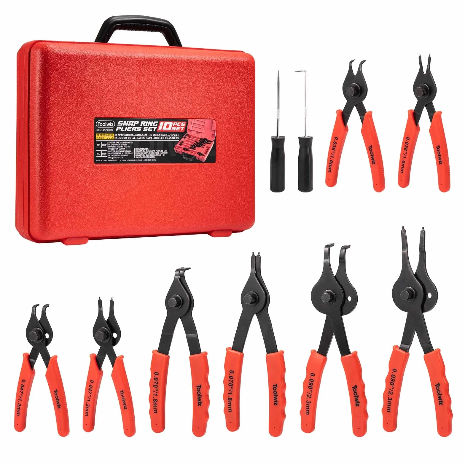Toolwiz Lot de 10 pinces à circlips internes et externes pour anneau de retenue en C, outils automobiles droits courbés et robustes, avec crochet, médiator et étui de rangement