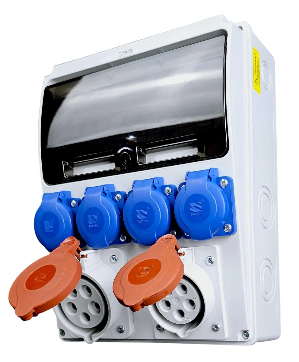 RoadEu - Coffret de chantier Répartiteur électrique 16A 5P, prises 32A 5P, 4x prises 230V, avec disjoncteurs miniatures. IP44