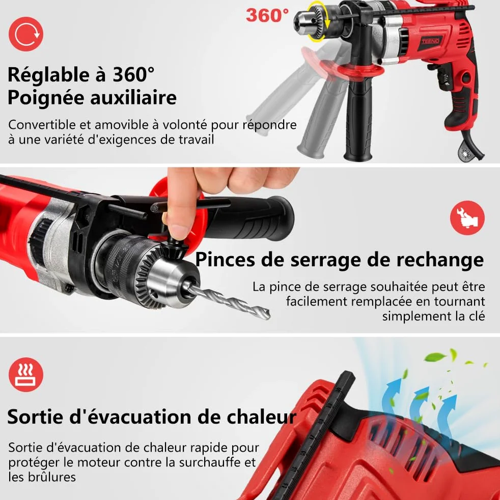 TEENO Perceuse Électrique à Percussion 910W, Perceuse à Percussion électrique 0-3000 RPM, Mandrin 13mm, Vitesse Variable, 37 Pièces Caisse à Outil Complete Tournevis et Pinces,Brique,Bois,Acier