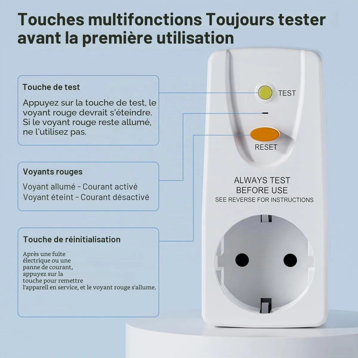 Prise de disjoncteur Fi - Anti-fuites et chocs électriques - Contact de protection 10 mA - 230 V - 16 A - Convient pour appareils ménagers et outils