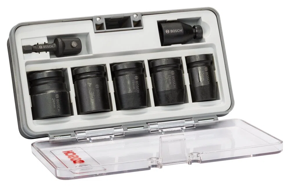 Bosch Accessories 2608551029 Assortiment de douilles adaptables impact control 7 pièces surplat 13/surplat 17/surplat 19/surplat 21/surplat 24/40 mm/2 adaptateurs Noir