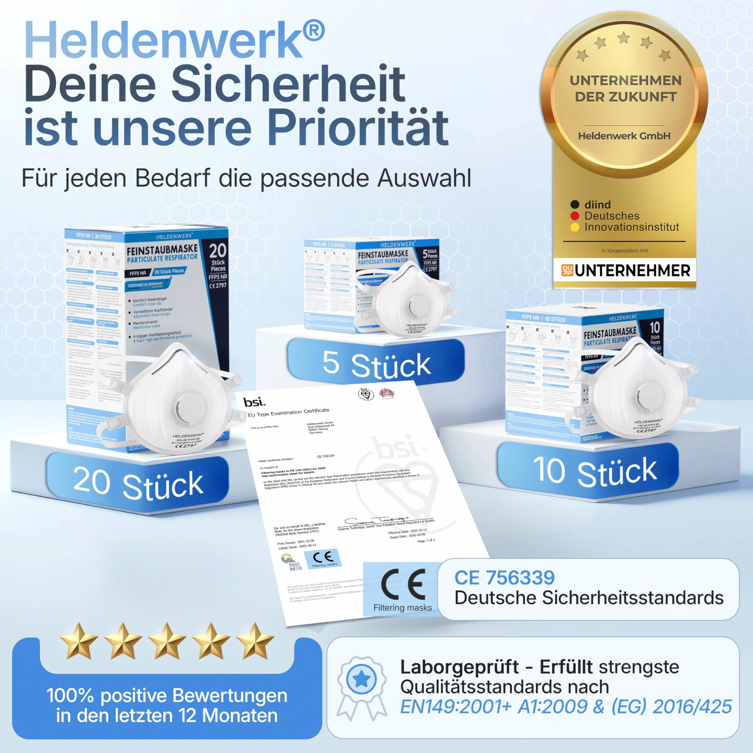 HELDENWERK FFP3 Lot de 10 masques avec valve – Lot de 5, 10 ou 20 – Masque respiratoire/anti-poussière certifié Valve d'expiration – Masques anti-poussière avec sangle arrière réglable