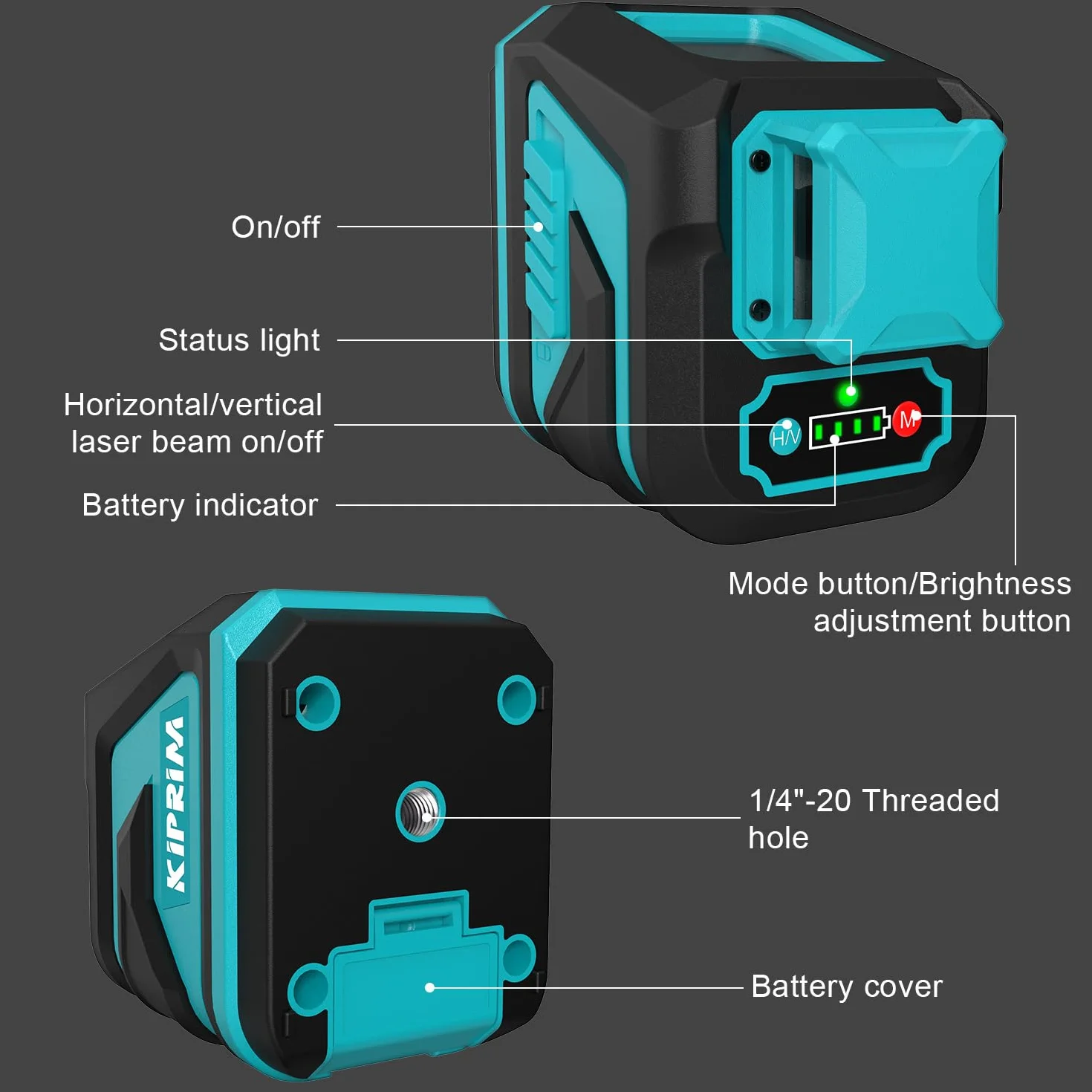 Niveau Laser, Niveau Laser Vert Lignes Croisées Kiprim LV8D avec Visibilité Améliorée, 5 Lignes Laser, Luminosité Réglable, Mode Manuel/Autonivelant/Impulsion, Piles et Sac de Transport Inclus