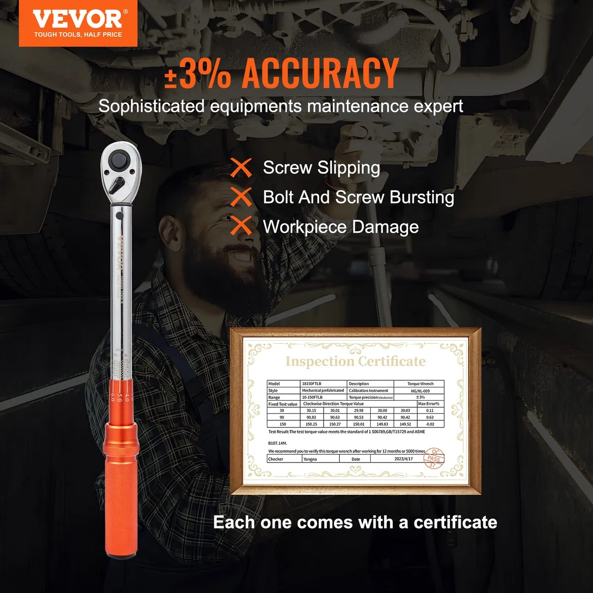VEVOR 1/2" Clé Dynamométrique Mécanique Clé de Torsion 14-204 N.m Précision ±3% Clé à Cliquet Réglable 72 Dents Contre Surcouple avec Adaptateurs 6,35/9,5 mm Rallonge 127 mm Kit d’Entretien Auto Moto