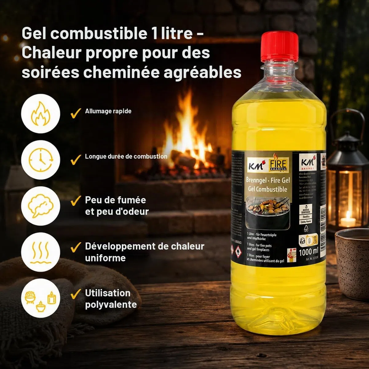 Lot de 12 bouteilles de 1 L de gel combustible inodore pour barbecue, cheminée, pots à feu et fondue – Allume-feu propre et sécurisé – Réf. 310