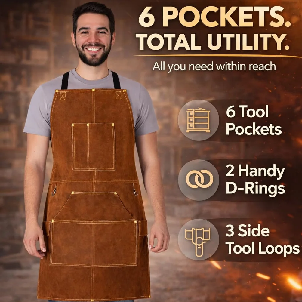 BWOLF SMITH Tablier de Soudeur Professionnel en Cuir | pour Homme avec 6 Poches |Tablier de Soudure Durable de Travail | Anti-flamme et Protection pour Forgeron