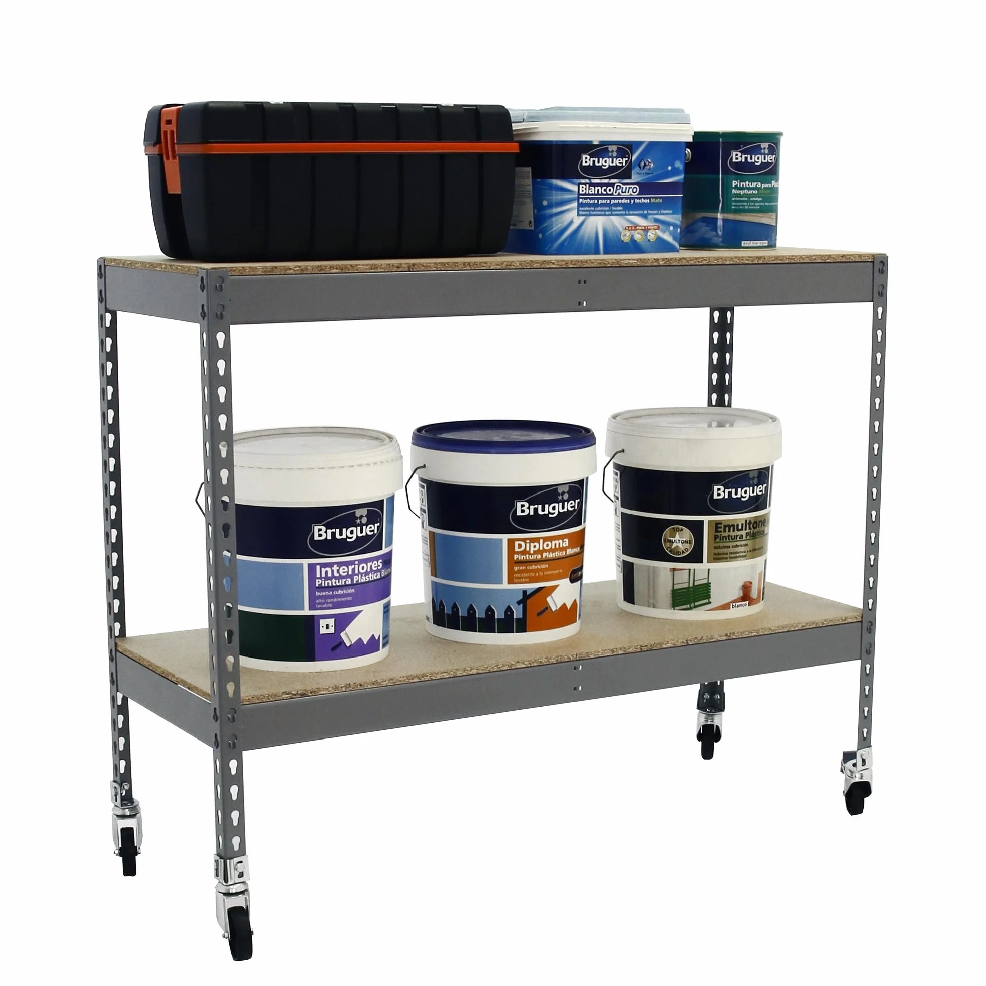 Simon Rack Étagère Charge Lourde avec Roues 975x1200x600 mm, 2 Niveaux Bois, 75 kg par Niveau, Structure Acier, Gris/Bois - Ecoforte
