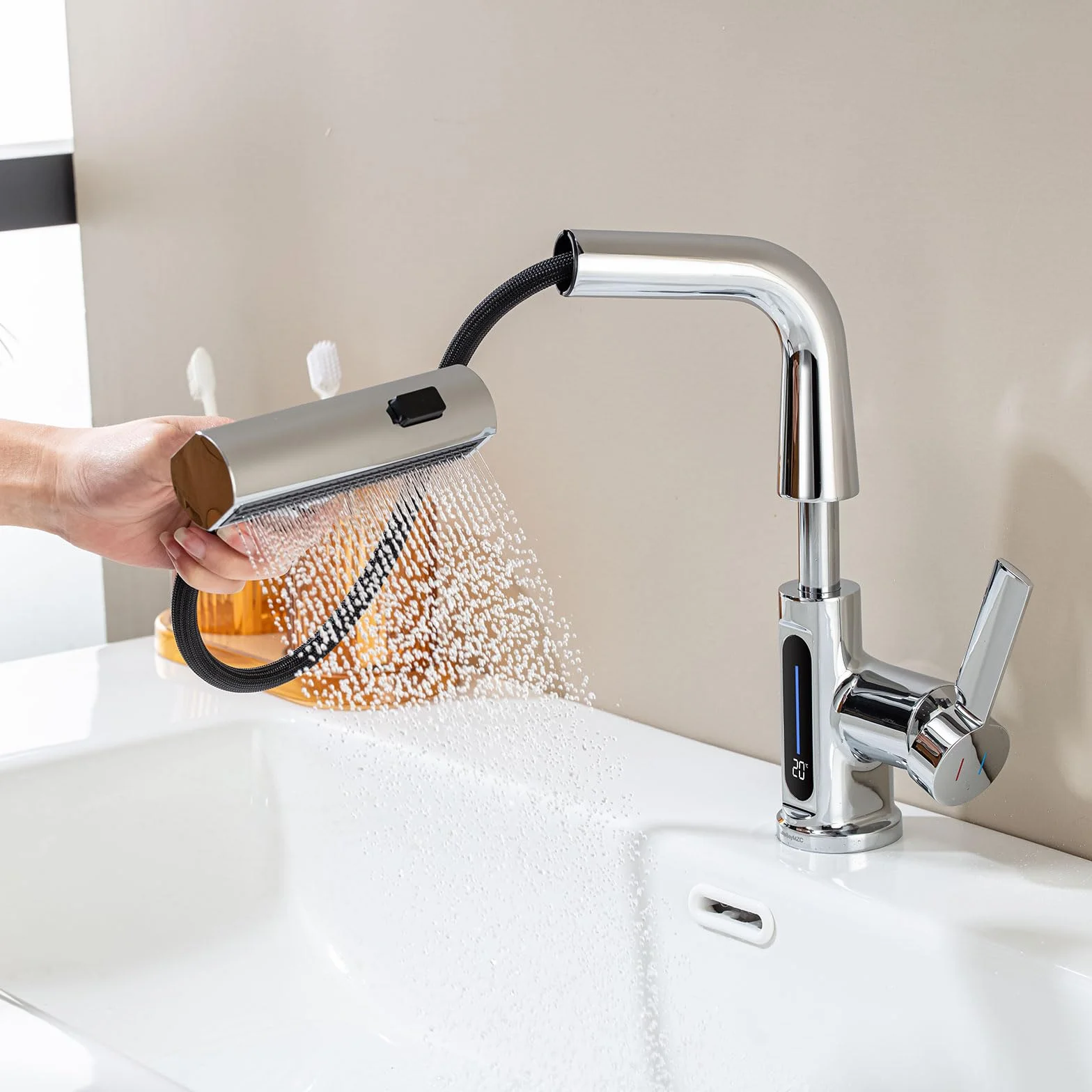 Robinet Lavabo Extensible Robinet Salle Bain Indicateur Températ LED,Chromé | Robinet de Lavabo Douchette Extensible LakeBayMZC, Mitigeur Monocommande avec 3 Types de Jets pour Lavabos de Salle de Bains
