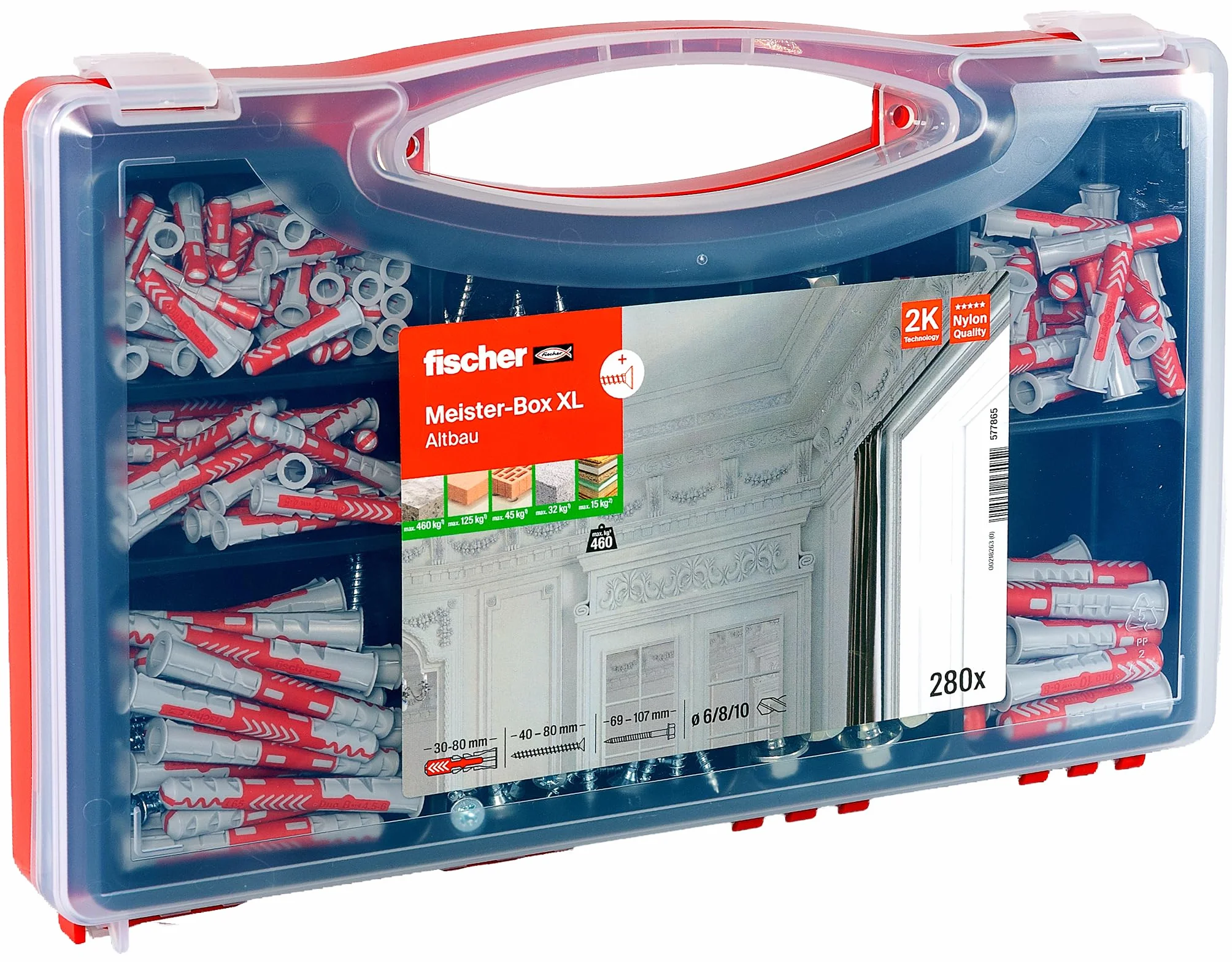 Fischer Meister-Box XL Altbau, 280 pièces de chevilles et vis, diamètre 6-10 mm, longueur 30-80 mm, pour bricoleurs et professionnels, chevilles universelles DuoPower, idéales pour les murs et les