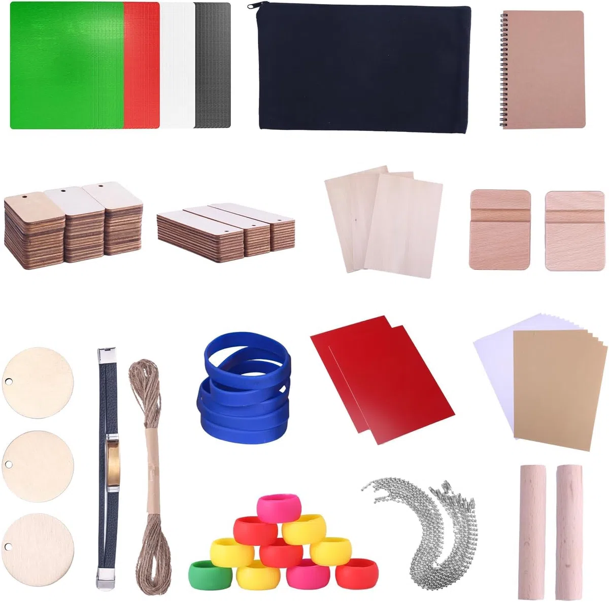 175 pièces de matériaux de gravure au laser en bois, métal et acrylique - Kit de démarrage DIY pour porte-clés, plaques pour chiens et cartes de visite