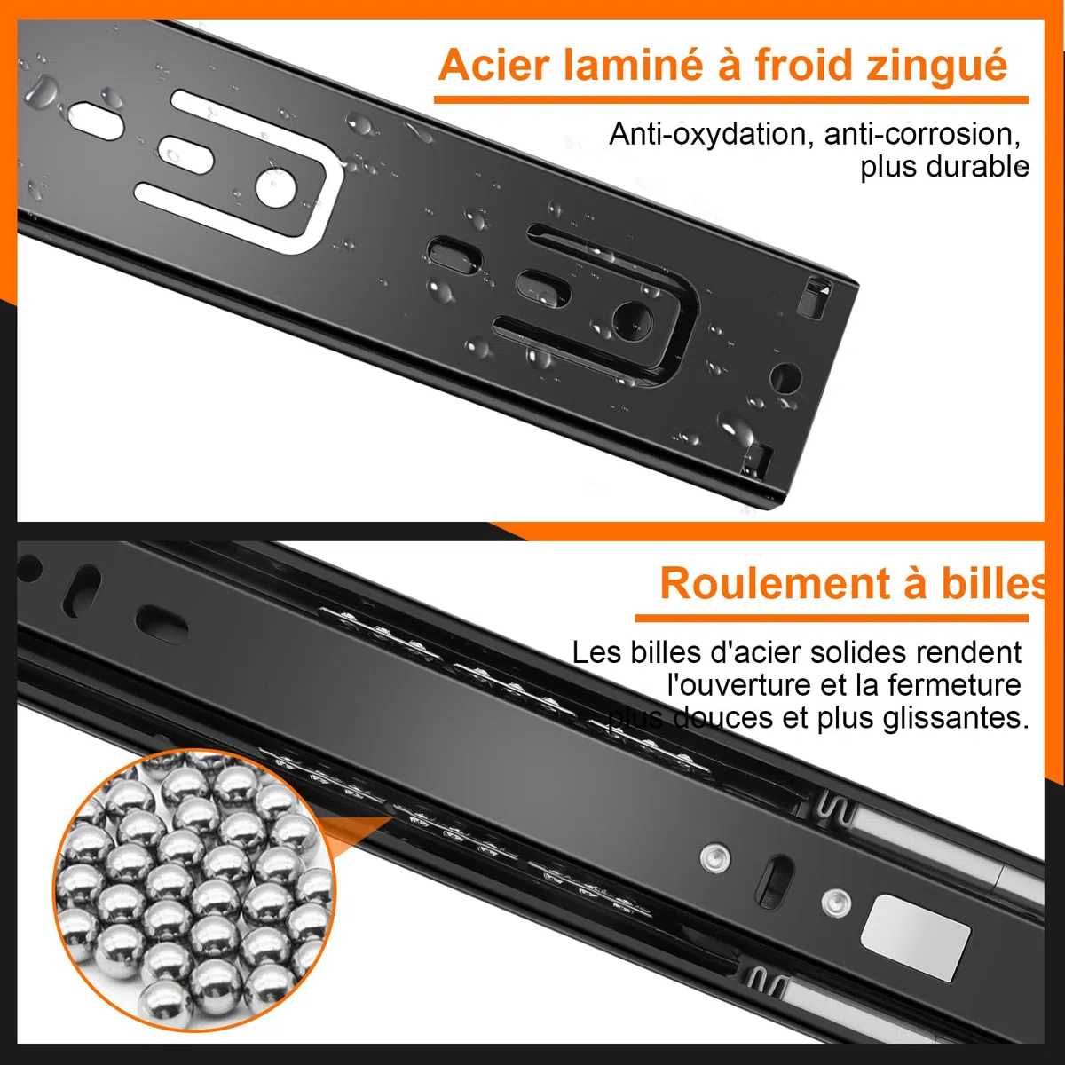 glissières de tiroir 6 paires (12 pièces),30cm glissiere pour tiroir, amortisseur coulisse tiroir avec roulements à billes, montage latéral,extension complète, capacité de charge 45 Kg,noir