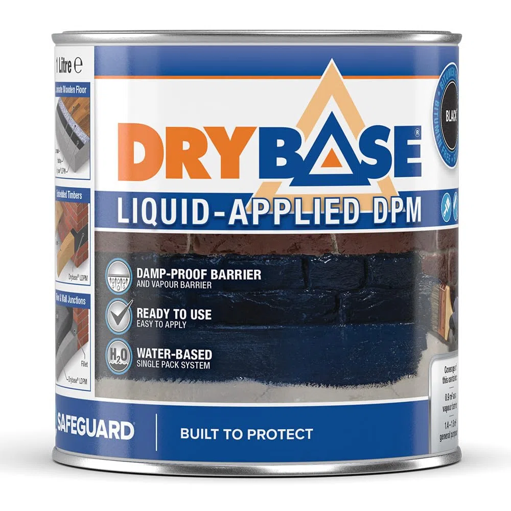 Drybase Membrane d’Étanchéité Liquide 1L Noir – Peinture Anti-Humidité pour Sols, Bois Encastrés & Bas de Murs