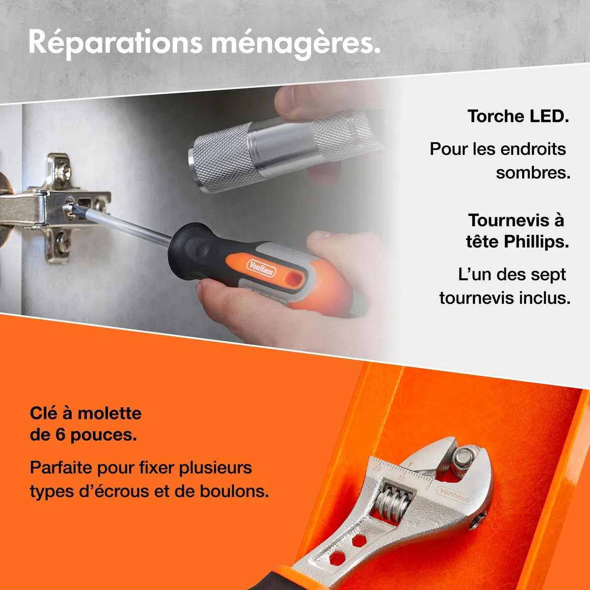 VonHaus Caisse à Outils - Complet Boite de 120 Pièces - Boîte à Outils Manuels, avec Lampe de Poche LED, Clés Hexagonales, Ruban à Mesurer & Mallette de Transport