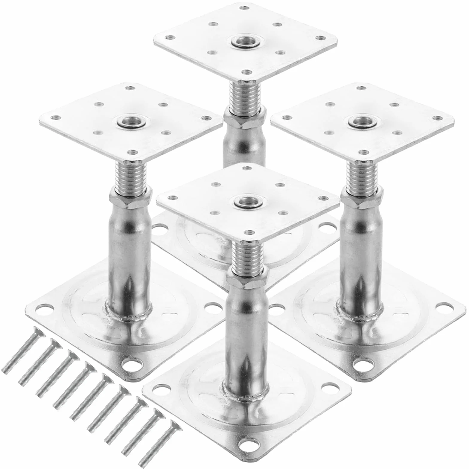 SENENQU Lot de 4 Supports de Poteau Bois, Galvanisés Réglables en Hauteur 100 à 150 mm, 75 x 95 mm à visser, Pied de Poteau Reglable pour Clôtures, Abris, Pergolas