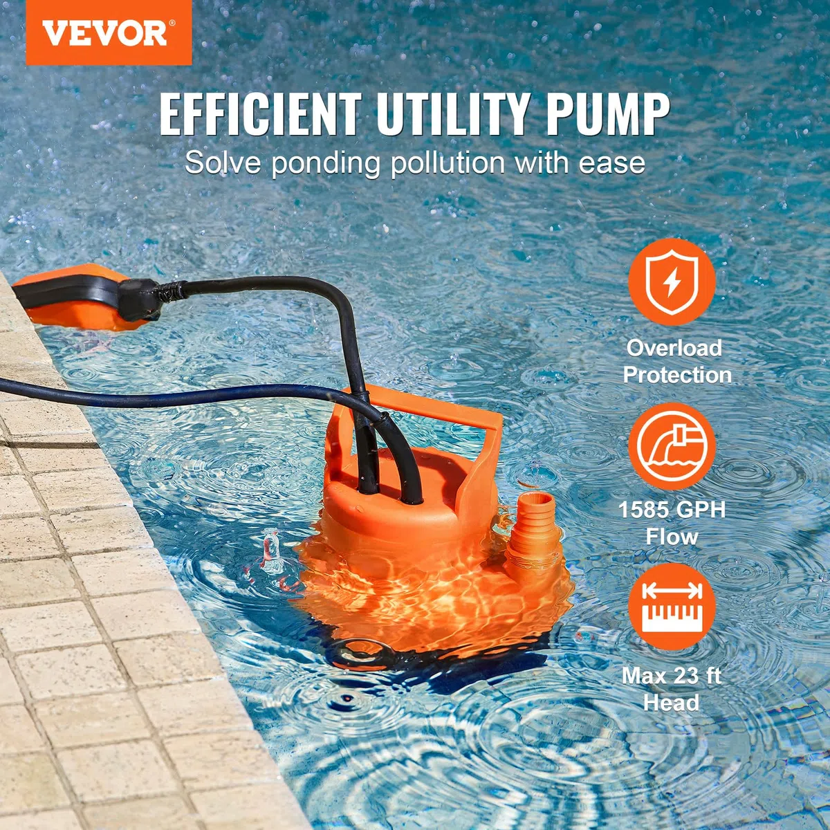 VEVOR Pompe utilitaire, 320 W, pompe à eau submersible portable, 6000 L/H de haut débit, hauteur de levage 7 m, avec cordon d'alimentation 3 m pour drainer l'eau de la piscine, du jardin, du sous-sol
