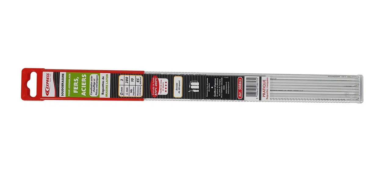 Express, 508813, Brasure Laiton Enrobée de Décapant, diamètre 3 mm, L 380 mm, 10 Baguettes à Souder pour Brasure Canalisation Acier, Chauffage et Pièces Mécaniques, Soudure à Froid