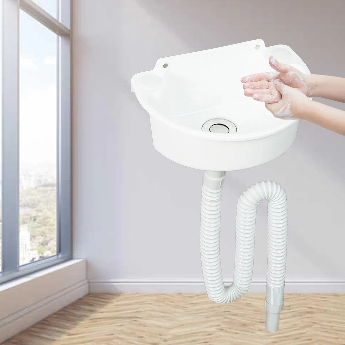 Lavabo Salle de Bain,plastiques Lavabo Suspendu,Lave Main,Blanc,aucun perçage n'est nécessaire,29.5x21x10.5cm(WxDxH),Idéal pour Maison Restaurant et Hôtel (C)