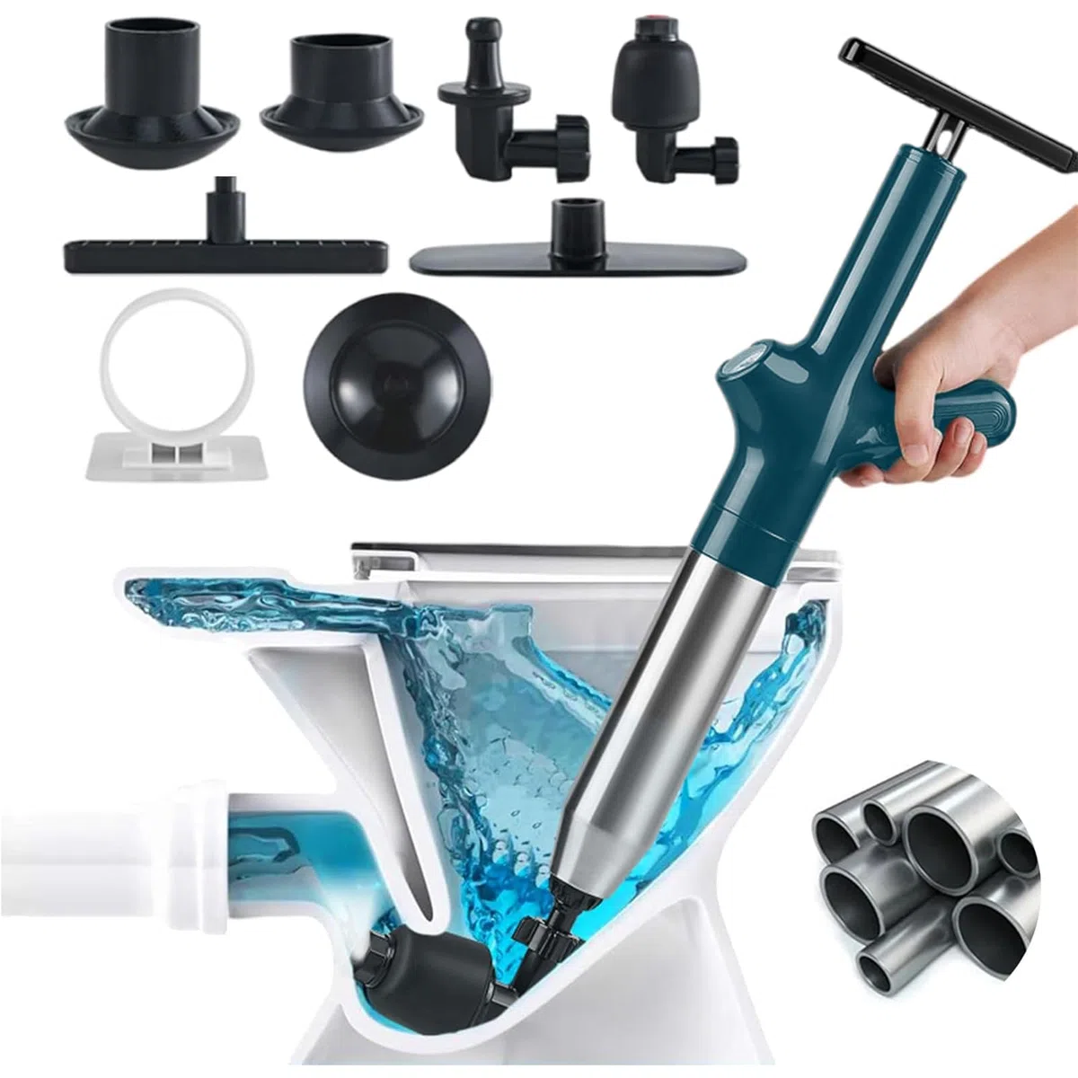 Déboucheur Canalisation Haute Pression, Déboucheur Wc Air Comprimé avec 4 Différentes Ventouses, Piston de Toilette pour Déboucher les Toilettes, Baignoire, Drain de sol, Lavabo (bleu)