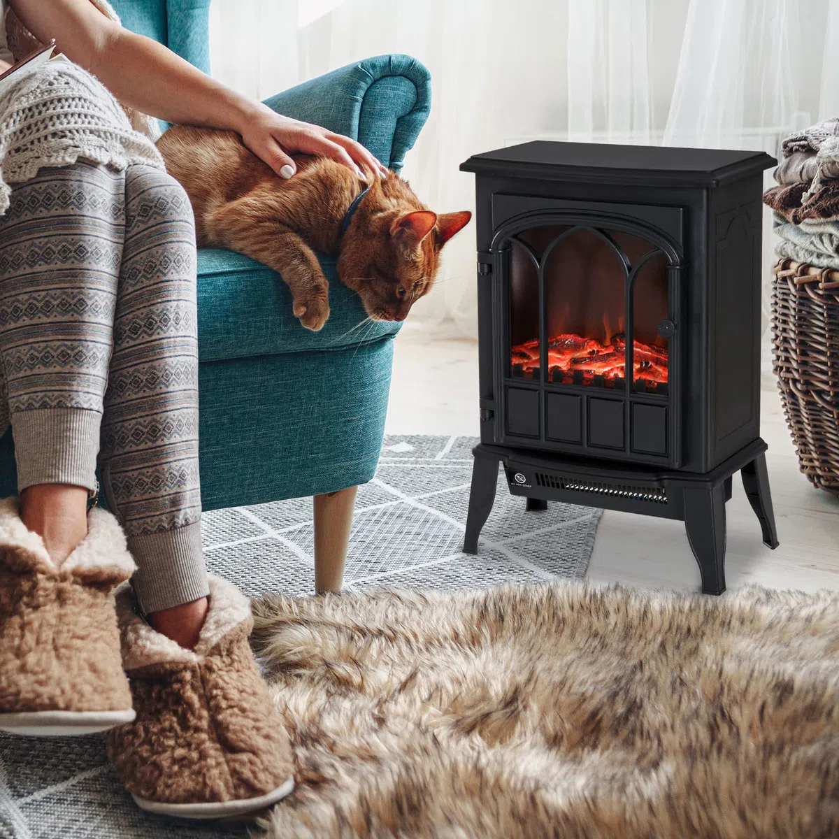 HOMCOM Cheminée électrique sur Pied 1000/2000 W, Fausse cheminée décorative avec Effet Flamme LED, Protection Contre la surchauffe, Zone de Couverture 15-30 m², Noir