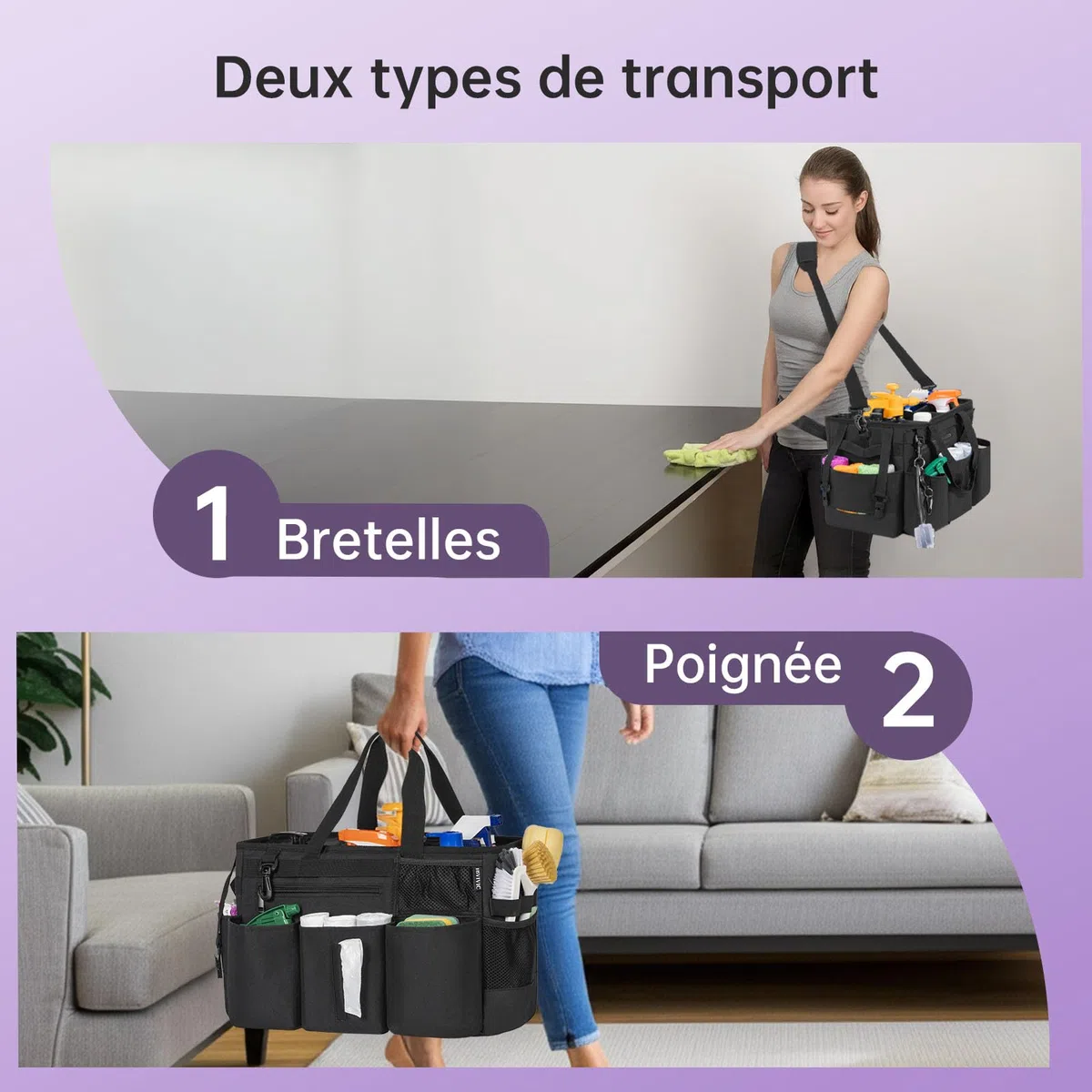 OUUTMEE Sac de Nettoyage avec Séparateurs Amovibles, Organisateur de Nettoyage Portable avec Poignées et Bandoulière Réglable, Sac Fourre-tout de Nettoyage pour Maison, Femmes de Ménage, Noir (Grande) | Organiseur portable pour produits de nettoyage, band