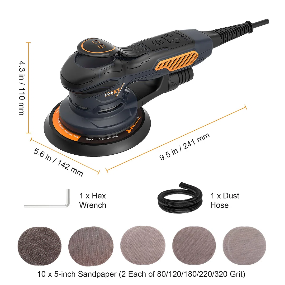 MAXXT 350W Ponceuse Excentrique, Ponceuse orbitale 10000RPM,Papier de Verre 10PCS
