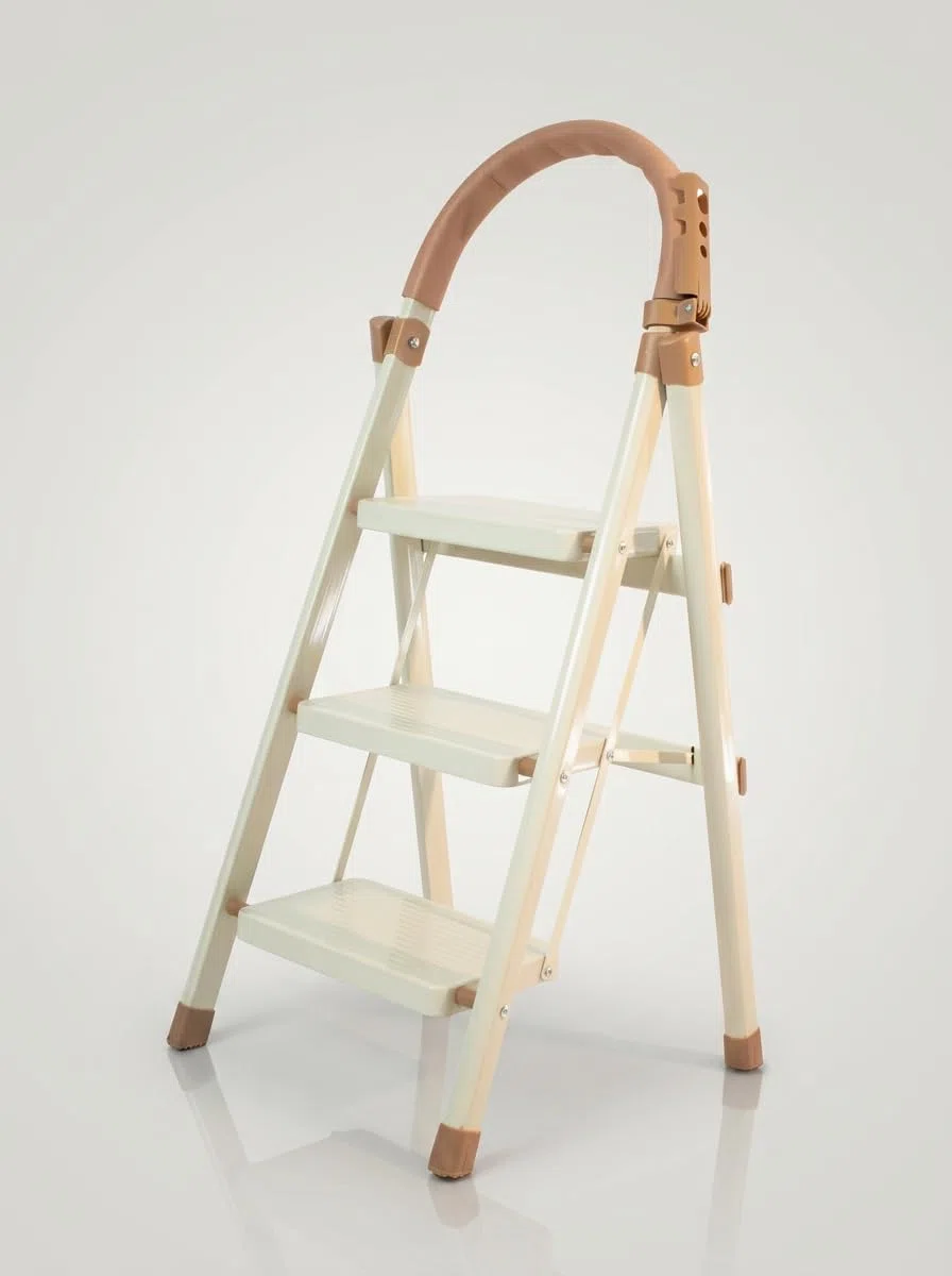 Escabeau 3 marches Pliable avec poignée, marchepied en Acier, marches Larges antidérapantes 18 cm, Charge 150 kg, Compact