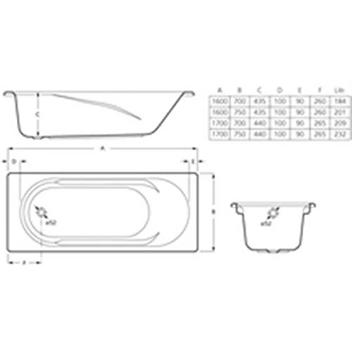 ROCA Baignoire rectangulaire POLO 170x75cm avec dossier, accoudoirs, poignées sculptées, à poser, pieds clipsables blanche
