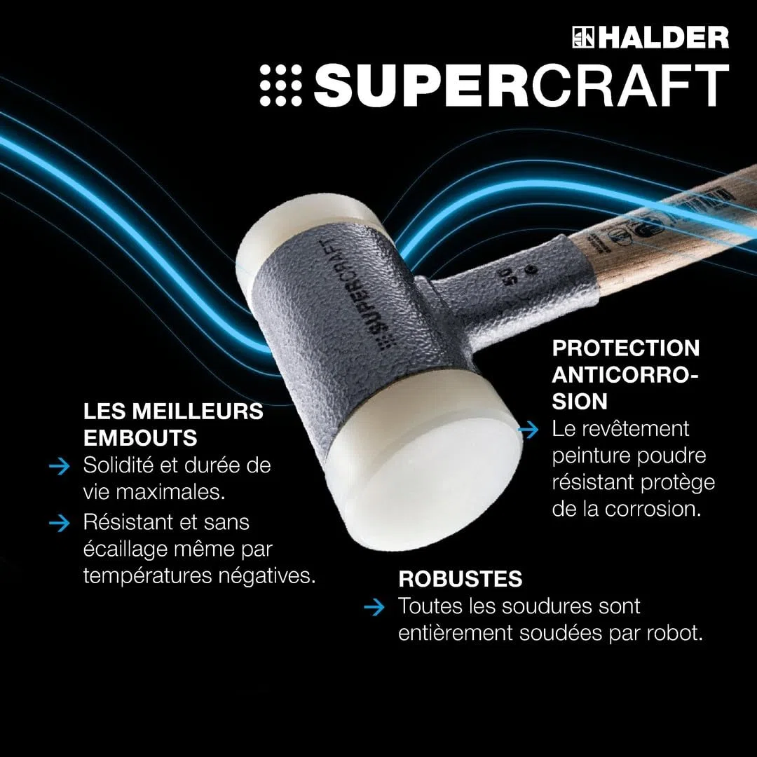 Maillet SUPERCRAFT, avec manche, vernis, en Hickory réduisant les vibrations, ergonomique | D=50 mm | 3366.050