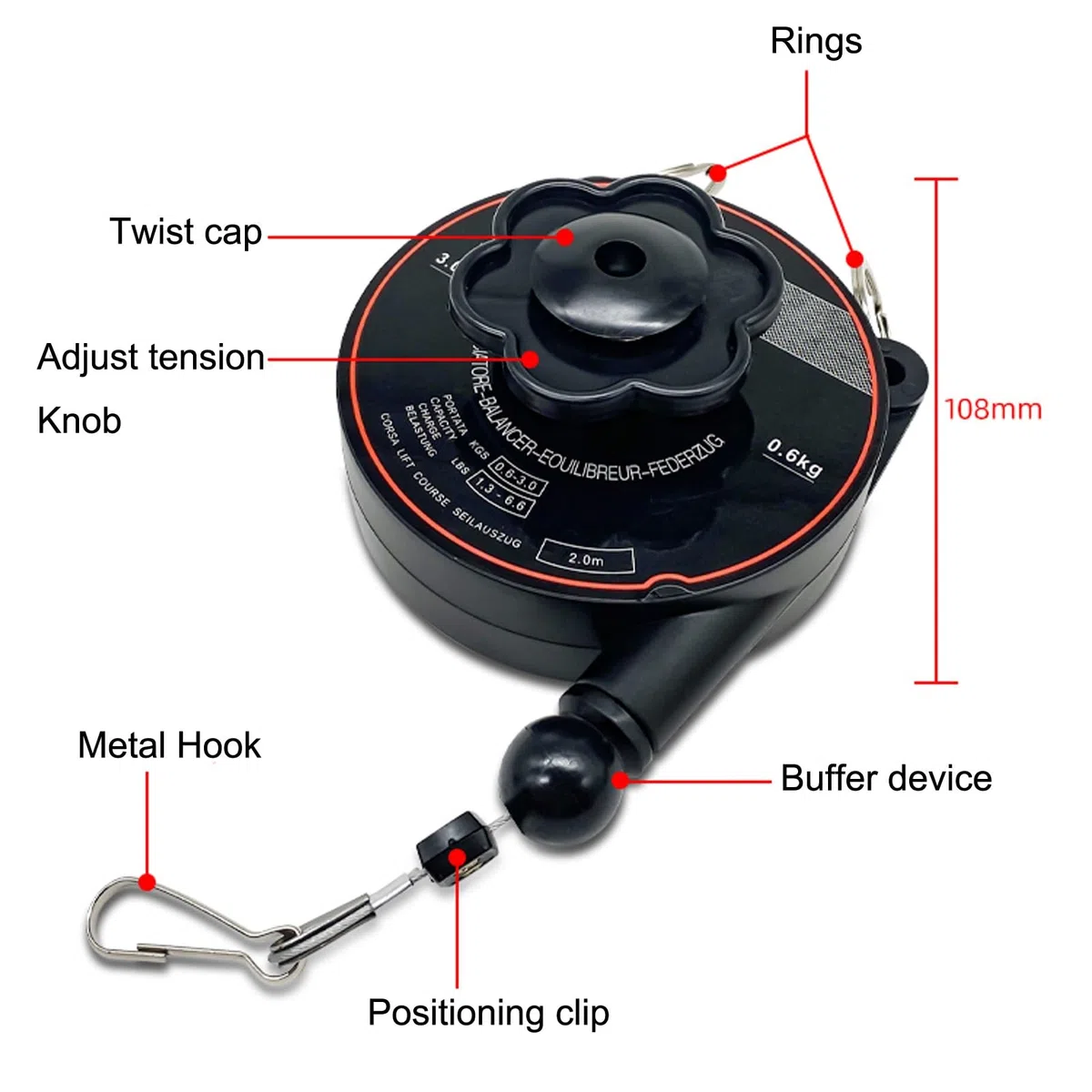 Équilibreur à ressort, support d'outil rétractable Équilibreur d'outils de 2 m de long avec crochet et câble métallique Équilibreur réglable Rétracteur Suspension Tenant l'équipement Noir pour les lig