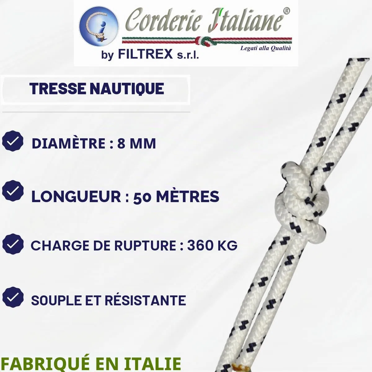 Corderie Italiane 6014249-00 Braid Nautica 08 Mm-050 M Blanc avec Étiquette en Plastique Bleu Couleur : Blanc Bleu avec Marqueur