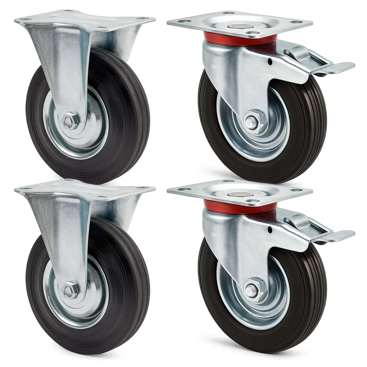 Wiltec Kit 4x Roulette – 2x Pivotantes double arrêt et 2x Fixes – Diamètre 100 mm – Capacité 70 kg/roue – Charge lourde, Caoutchouc plein Transport Meuble