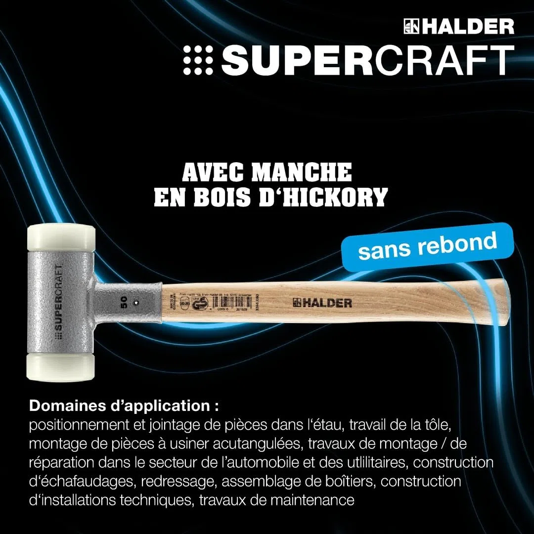 Maillet SUPERCRAFT, avec manche, vernis, en Hickory réduisant les vibrations, ergonomique | D=50 mm | 3366.050