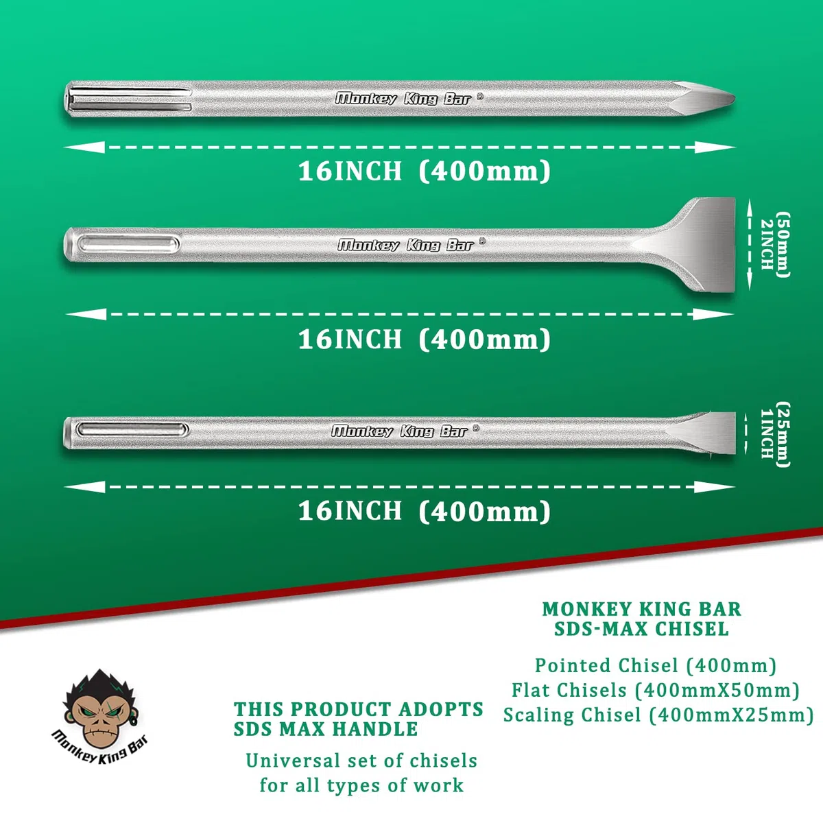 Monkey King Bar SDS MAX Set de burins, 3 pièces : burin pointu (400 mm) burin gradué (400 mm x 50 mm) burin plat (400 mm x 25 mm) Compatible avec les burins universels, marteau perforateur