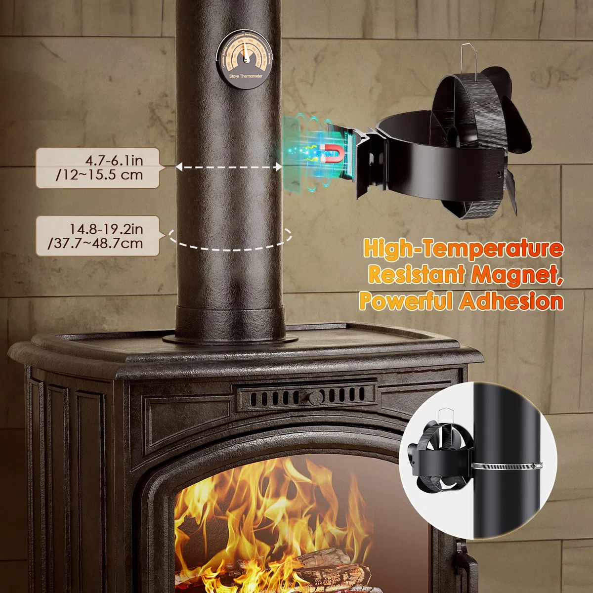 3 en 1 ventilateur de poêle à bois 5 pales support de ventilateur de brûleur à bûches 180° Rotation magnétique ventilateurs de cheminée à bois ventilateurs de cheminée alimentés par la chaleur